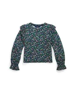 Polo Ralph Lauren Floral Ruffled Top Little Girls' 6 Navy Multi Crew Neck L/S - Picture 1 of 16