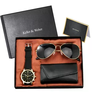 Casual Men's Analog Quartz Wrist Watch Sunglasses Leather Key Holder Gift Set - Picture 1 of 12