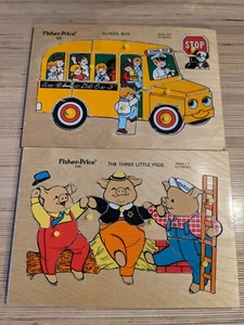 Fisher Price Wooden Puzzles Lot Of 2 Vintage 529 3 Little Pigs 515 Schoolbus - Picture 1 of 6