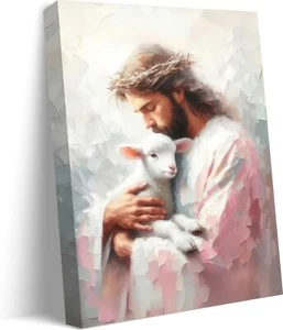 Jesus and Lamb Canvas Wall Art Christian Good Shepherd Painting Picture Wall ... - Picture 1 of 6