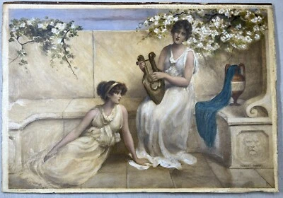 赫伯特·霍维茨古董手绘平版画两件女士竖琴演奏  — 第 1/4 张图片