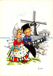 D011609 Old Postcard. Girl and Boy near the Windmills. Kruger - Picture 1 of 4