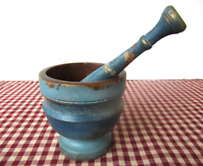 Antique Mortar & Pestle, Wood 4.5" Tall, Blue Paint, Apothecary Drug Mercantile