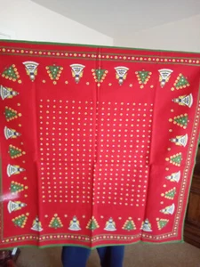 Vintage Christmas Tablecloth Made in Austria Square Red Angels & Trees 1970s - Picture 1 of 6