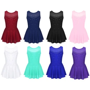 Girls Figure Ice Skating Leotard Dress Mesh Splice Roller Skating Dance Costume - Picture 1 of 102