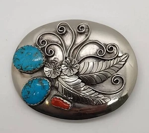 Vintage Native American Coral Turquoise Belt Buckle - Picture 1 of 4