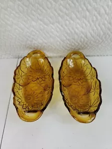 2 Vtg Embossed Amber Glass Sunflower Flower Oval Relish Dish Plates Candy Bowls - Picture 1 of 9