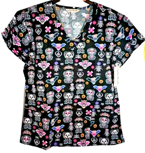 Black Dog Skeleton Halloween Skeleton Scrub Top M Cassandra O New - Picture 1 of 7