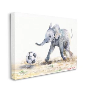Elephant Baby Playing Soccer Wall Art 30x40 Canvas by George Dyachenko Grey - Picture 1 of 6