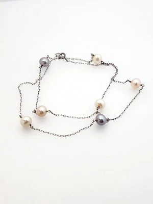 Collar de cadena de cuentas de plata esterlina con estación de perlas reales champán púrpura rosa 18" Foto 1 de 4