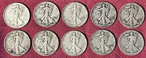 Walking Liberty 90% Silver Half Dollar 1/2 roll of 10 circulated Coins. - Picture 1 of 6
