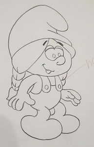 2 Vintage Smurf Original Cartoon Pencil Drawings Sassette & Scrappy Doo 1980s - Picture 1 of 11