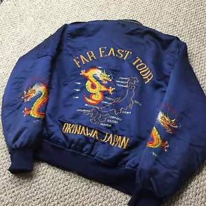 Vintage 80s Bomber Jacket Large Sukajan Souvenir Satin Blue Japan Tour Flaws - Picture 1 of 15