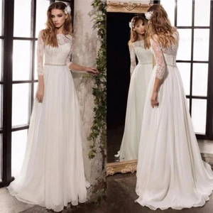 Elegantes vestidos de novia línea A cuello redondo mangas 3/4 apliques de encaje tren de barrido - Imagen 1 de 12