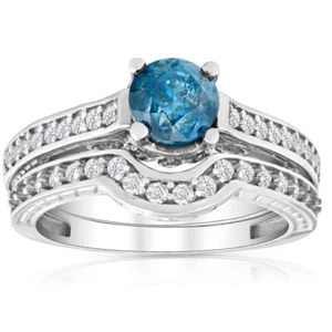VS 1 1/2Ct Blue & White Diamond Engagement Wedding Ring Set 14k Gold Lab Grown - Picture 1 of 6