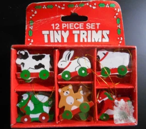 12 MINI Miniature Christmas Wooden ANIMAL Ornaments Cows Bears Lamb Pony Bunnies - Picture 1 of 3