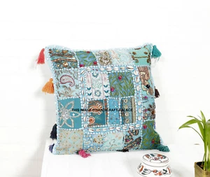 18" Étnico Handmade Turquesa Patchwork Cojín de Suelo Funda Hogar Decorativo - Imagen 1 de 3