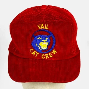 Vtg Embroidered Vail Cat Crew Red Corduroy Snapback 5 Panel Made in USA Hat - Picture 1 of 13