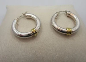 Sterling Silver women 2 tone Hoop Huggie earring 925 ITALY - Picture 1 of 4