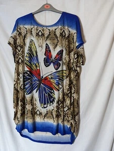 Lin Trama Size XL/XXl Sleeveless Butterfly Long Top with Sequins Colourful Print - Picture 1 of 4