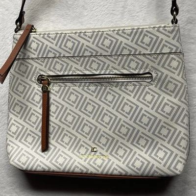 Cartera Bandolera Liz Claiborne LC Penny Logo Geométrico Pequeña Gris Blanca Foto 1 de 4