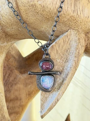 Sterling Silver 925 White Fire Opal Pink Gemstone Pendant Link Necklace MSCO 18” - Image 1 of 4