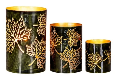 3er Set Windlichter H10-20cm Teelichthalter Grün Gold Metall Herbstblatt Herbst - Bild 1 von 4