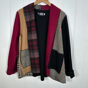 Vintage Cameleon offener Blazer groß Wollmischung Patchwork mehrfarbig rot schwarz hellbraun USA - Bild 1 von 6