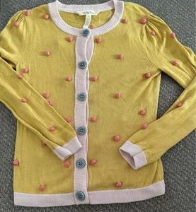 Matilda Jane Girls Clean Canteen Camp MJC Cardigan Size 8 Yellow Pink Pom Poms - Picture 1 of 7