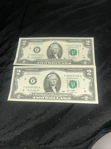 2013 $2 dollar fancy serial # 5 of a kind 5s Consecutive Notes F 05655554 & 5 A - Picture 1 of 2