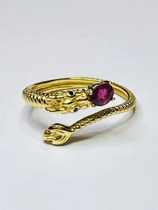 18k Gold Over 925 Sterling Silver Rubellite Pink Red Tourmaline Dragon Ring - Picture 1 of 14