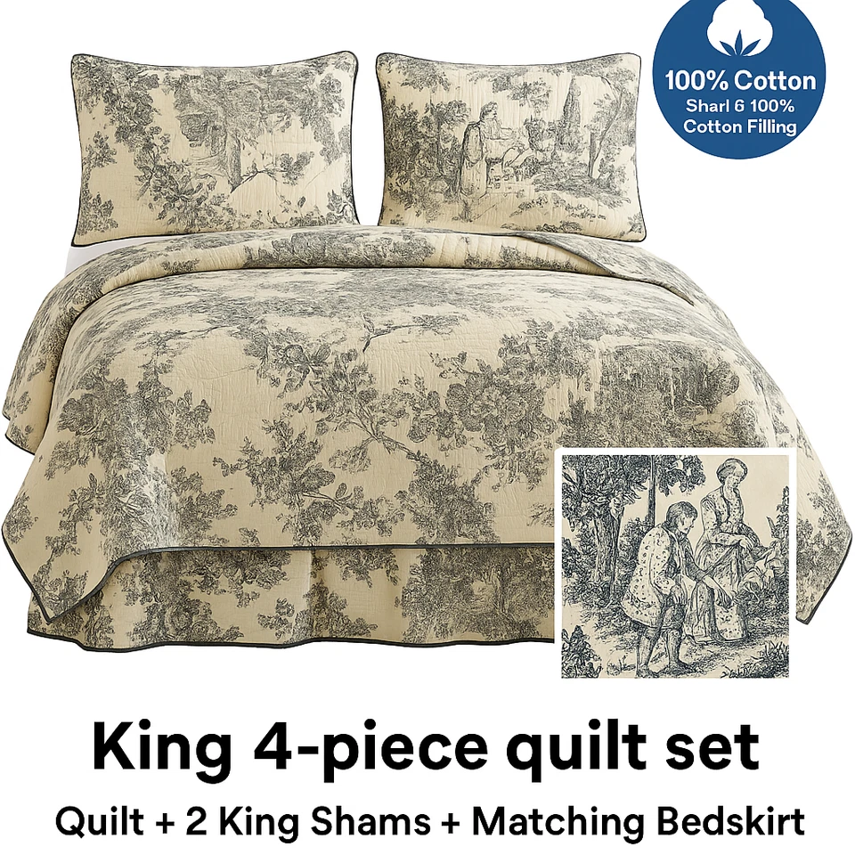 Colcha Black Toile King Size 100 % algodón 4 piezas con 2 fundas + 1 falda de cama Foto 1 de 1