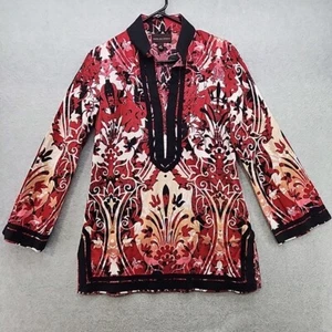 Dana Buchman Womens Top Size M Red Floral Stretch High Neck Boho Hippie Tunic - Picture 1 of 13