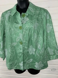 JM Collection Jacket Sz PLUS 20W Green White Embroidered 100% Linen Buttons EUC - Picture 1 of 9