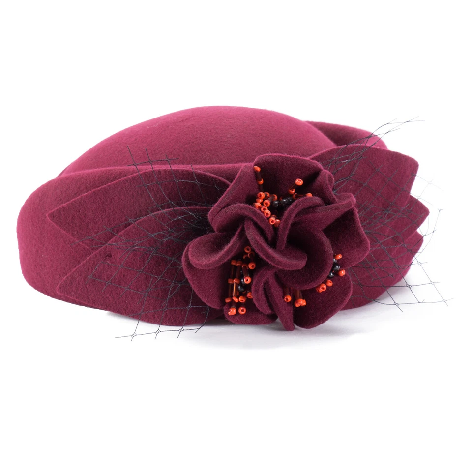 Wine Womens Fascinator Pillbox Wool Felt Hat Formal Dress Flower Veil A131