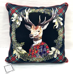 MacKenzie-Childs Tartan Stag Christmas Throw Pillow 18" x 18" NWT - Picture 1 of 4