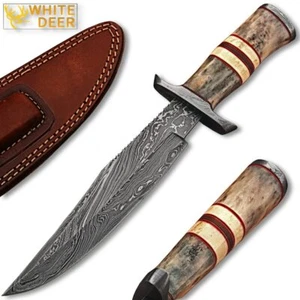 WHITE DEER Damascus Steel Hunting Knife w/ Giraffe & Camel Bone - Picture 1 of 6
