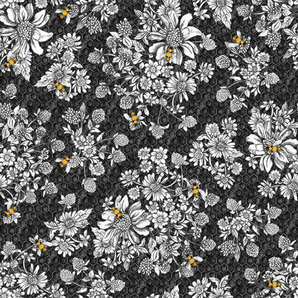 Tela de algodón carbón en blanco Show Me The Honey floral y abejas por yarda Foto 1 de 1