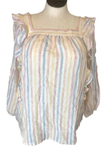 Chaps L NWT Square Neck Blouse Ruffle Front Pastel Tan Pink Blue Stripe Linen 🧡 - Picture 1 of 12