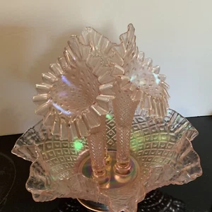 Fenton Epergne 3 Horn Iridescent 95th Anniversary Ruffle Edge Peach Glass Glows - Picture 1 of 12