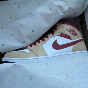 Size 10.5 - Air Jordan 1 Mid Light Curry Cardinal Red - Picture 1 of 7