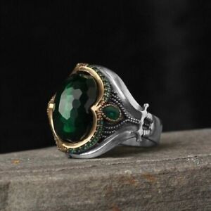 Solid 925 Sterling Silver Green Emerald Zircon Gemstone Husband Mens Unisex Ring