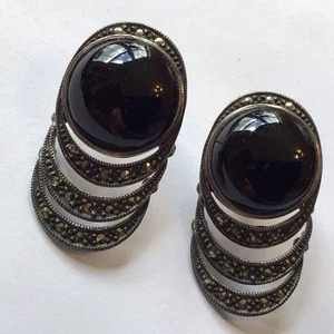 JUDITH JACK (JJ) SIGNED STERLING SILVER BLACK ONYX & MARCASITE EARRINGS R3 - Picture 1 of 2