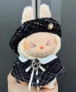 Black Tweed Cape & Beret Set w/ Heart Brooch Accent for Labubu Doll - Picture 1 of 1