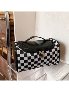 Fashion Colorblock Checked Pattern Makeup Bag, Casual Versatile Zipper Makeup P - Picture 1 of 12