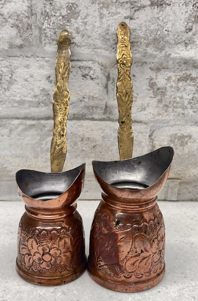 Juego de cafetera turca vintage de cobre y latón griego árabe grabado Copperbull Foto 1 de 4