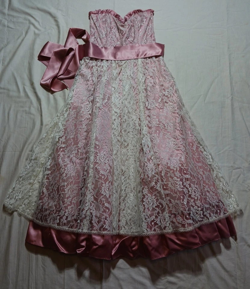 Vestido formal vintage Gunne Sax Jessica McClintock 1980 renda rosa formatura tamanho 7 P - Imagem 1 de 4