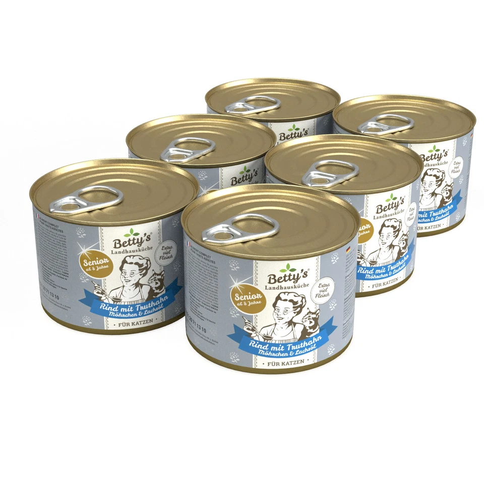 Betty`s Landhausküche Katze Senior Rind mit Truthahn, Möhrchen und Lachsöl 6 x 2 - Bild 1 von 1