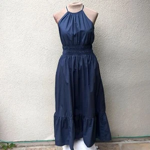 A New Day Women's Sleeveless Poplin Dress Midi Navy Blue Pockets Smocked MED - Picture 1 of 14