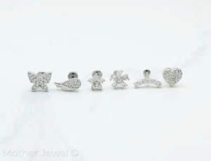 6PC SET MICRO SIMULATED DIAMOND HEART FLOWER WING CURVED LINE BUTTERFLY LABRET - Picture 1 of 6